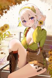 1girl absurdres animal animal_on_head belt bird bird_on_head blush boots braid breasts brown_boots brown_skirt celestia_(strinova) cleavage commentary english_commentary flower green_shirt hairband half_up_braid highres knosdeba large_breasts long_hair long_sleeves looking_at_viewer on_head open_mouth outdoors purple_belt purple_eyes shirt sitting skirt solo strinova sunflower tree white_hair yellow_hairband