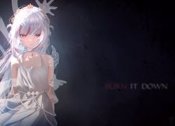 1girl absurdres arms_behind_back ash_again_(gawr_gura) bare_shoulders blunt_bangs chromatic_aberration closed_mouth commentary dark_background dark_persona disembodied_hand dress english_commentary english_text gawr_gura hair_between_eyes hand_on_another&#039;s_arm hand_on_another&#039;s_face hand_on_another&#039;s_head highres holding holding_polearm holding_weapon hololive hololive_english kayjae long_hair looking_at_viewer lyrics multicolored_hair official_alternate_costume official_alternate_hair_length official_alternate_hairstyle pendant_choker pleated_dress polearm red_eyes red_hair sidelocks sleeveless sleeveless_dress solo straight-on streaked_hair teardrop tearing_up tiara transparent_hand trident two-tone_hair virtual_youtuber weapon white_dress white_hair wind wind_lift