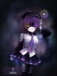 1girl absurdres android bare_shoulders closed_mouth cosplay detached_sleeves hat heterochromia highres humanoid_robot idk_butterfly looking_at_viewer mechanical_arms murder_drones necktie purple_eyes purple_hair robot shirt short_hair simple_background skirt smile utane_uta utane_uta_(cosplay) utau uzi_(murder_drones) white_background