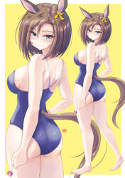 1girl absurdres air_groove_(umamusume) animal_ears ass barefoot black_hair blue_eyes blue_one-piece_swimsuit bow breasts brown_hair cleavage collarbone commentary_request competition_swimsuit covered_navel ear_bow ear_chain feet_out_of_frame full_body highleg highleg_one-piece_swimsuit highres horse_ears horse_girl horse_tail kneepits large_breasts linked_piercing multiple_views one-piece_swimsuit short_hair swimsuit tail thighs tong_shui umamusume wide_hips yellow_background