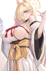 1girl absurdres animal_ears areola_slip blue_archive breasts chise_(blue_archive) detached_sleeves eyeshadow fox_ears hair_over_one_eye hairband halo highres huge_breasts japanese_clothes kaho_(blue_archive) kimono makeup mole mole_under_mouth orange_hairband orange_halo pink_eyeshadow sideboob sleeveless sleeveless_kimono slug_1356 solo thick_eyebrows v white_kimono wide_sleeves yellow_halo