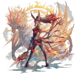 1girl animal_ears armor black_gloves blue_eyes brown_hair commentary dated dragoon_(final_fantasy) final_fantasy final_fantasy_xiv from_behind full_body gloves high_heels high_ponytail highres holding holding_polearm holding_weapon long_hair looking_back multicolored_hair open_mouth pauldrons polearm ponytail rabbit_ears rabbit_girl red_hair shoulder_armor shukei signature solo spear standing streaked_hair symbol-only_commentary two-tone_hair viera warrior_of_light_(ff14) weapon