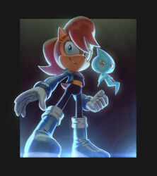1girl 1other alien animal_ears black_pants blue_eyes blue_footwear blue_jacket boots chipmunk_ears chipmunk_girl chipmunk_tail clenched_hand commentary crop_top english_commentary full_body gloves hair_between_eyes highres jacket lazerpotaters looking_at_viewer open_clothes open_jacket orange_eyes pants red_hair sally_acorn smile sonic_(series) white_gloves wisp_(sonic)