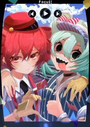 2girls absurdres alternate_costume aqua_hair arm_around_neck black_choker black_eyes black_necktie blue_dress blue_hat blush buttons choker cloud collared_dress double-breasted dress drill_hair fast_forward_button fingernails gloves hair_between_eyes hashtag-only_commentary hat hatsune_miku heart_hands_failure highres hurikawa kasane_teto looking_at_viewer media_player_interface mesmerizer_(vocaloid) multiple_girls necktie parted_bangs pinstripe_dress pinstripe_hat pinstripe_pattern play_button red_hair red_hat rewind_button sailor_collar sharp_teeth short_sleeves smiley_hat_ornament solid_circle_eyes suspenders sweater sweater_dress teeth thumbs_up tongue tongue_out twin_drills twintails upper_body utau vocaloid white_sailor_collar white_wrist_cuffs wrist_cuffs yellow_gloves