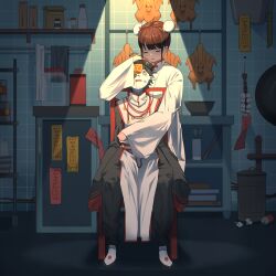 1boy 1girl absurdres black_hair blood blood_from_mouth blue_skin brown_hair bun_cover chicken_(food) china_dress chinese_clothes closed_eyes colored_skin commentary death double_bun dr._suzu_(mili) dress empty_eyes english_commentary food garlic hair_bun hat highres hug hug_from_behind jiangshi jiangshi_costume kitchen kuro_matcha long_sleeves mili_(band) ofuda ofuda_on_head open_mouth pointy_ears qc_(mili) qingdai_guanmao red_trim sad sharp_teeth short_hair sidelocks sitting sleeves_past_fingers sleeves_past_wrists spotlight teeth undead white_dress