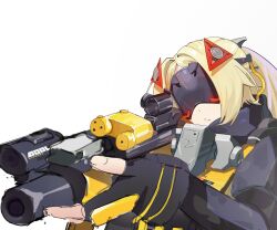 1girl black_blindfold black_gloves black_shrug blindfold blonde_hair camouflage camouflage_jacket closed_mouth fingerless_gloves gloves gun hair_ornament highres jacket long_hair portrait rifle shrug_(clothing) sniper_rifle thr6e9e triangle_hair_ornament trigger_(zenless_zone_zero) weapon white_background zenless_zone_zero
