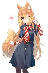 Rule 34 | 1girl, ;), absurdres, animal ear fluff, animal ears, black dress, black pantyhose, blush, breasts, brown hair, closed mouth, commentary request, dress, feet out of frame, fox ears, fox girl, fox tail, gloves, grey eyes, hair between eyes, hand up, heart, highres, layered sleeves, long sleeves, looking at viewer, one eye closed, original, pantyhose, saeki touma, short over long sleeves, short sleeves, simple background, small breasts, smile, solo, spoken heart, tail, white background, white gloves