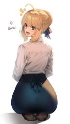 1girl absurdres ahoge artoria_pendragon_(fate) ass barefoot black_pantyhose blonde_hair braid braided_bun collared_shirt fate/stay_night fate_(series) hair_bun highres in_(ain) long_sleeves notice_lines open_mouth pantyhose saber_(fate) shirt shirt_tucked_in short_hair sidelocks smile teeth upper_teeth_only white_shirt