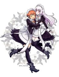2girls apron breasts commission fire_emblem fire_emblem:_three_houses fire_emblem_fates hug leonie_pinelli lysithea_von_ordelia maid maid_apron maid_headdress multiple_girls nintendo nohrian_maid_uniform open_mouth orange_hair purple_eyes rein_creamsoda small_breasts thighhighs white_hair yuri
