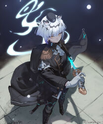 Rule 34 | 1girl, animal ears, ascot, black background, black boots, black hat, black pants, blunt ends, boots, breasts, commentary request, company name, earrings, english text, epaulettes, from above, full body, gildaria (shadowverse), gloves, hat, highres, holding, holding sword, holding weapon, jacket, jewelry, lapels, looking at viewer, looking up, medium breasts, military jacket, official art, pants, pavement, ponzu (catponz), shadowverse, shadowverse: worlds beyond, sheath, short hair, simple background, solo, sword, tiger girl, unsheathing, weapon, white ascot, white gloves, white hair, yellow eyes