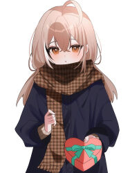 Rule 34 | 1girl, :o, ?, absurdres, ahoge, alternate costume, alternate hairstyle, black coat, box, brown eyes, brown hair, brown scarf, closed mouth, coat, crossed bangs, dot mouth, gift, hair between eyes, hair ornament, hairclip, hana20000920, happy valentine, heart, heart-shaped box, highres, holding, holding gift, hololive, hololive english, long coat, long hair, long sleeves, looking at viewer, low twintails, multicolored hair, nanashi mumei, open mouth, plaid clothes, plaid scarf, scarf, simple background, solo, sparkle, streaked hair, twintails, upper body, valentine, virtual youtuber, white background