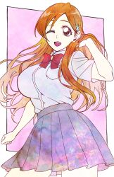 Rule 34 | 1girl, absurdres, arm behind head, bleach, blouse, border, bow, breasts, brown eyes, female focus, hair ornament, hairclip, highres, inoue orihime, large breasts, long hair, n (nauki 11), one eye closed, orange hair, red bow, school uniform, shirt, skirt, thighs, white border, wink