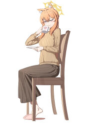 1girl absurdres alternate_costume animal_ear_fluff animal_ears blue_archive blue_eyes brown_skirt brown_sweater cat_ears cat_girl chojja closed_mouth coffee_mug cup hair_between_eyes highres holding holding_cup holding_plate long_hair long_skirt mari_(blue_archive) mug on_chair orange_hair pink_slippers plate sidelocks sitting skirt slippers smile solo sweater