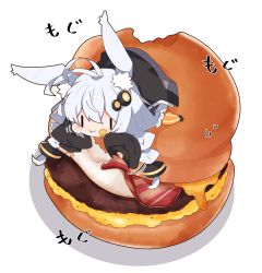 1girl :t animal_ear_fluff animal_ears bacon black_jacket braid burger chibi closed_mouth commentary dress eating egg food food_on_face grey_dress hair_between_eyes hair_ornament highres jacket kemonomimi_mode kizuna_akari long_hair long_sleeves milkpanda mini_person minigirl open_clothes open_jacket orange_legwear pantyhose puffy_long_sleeves puffy_sleeves rabbit_ears silver_hair sleeves_past_wrists solo star_(symbol) striped_clothes striped_legwear striped_pantyhose sweat translated twin_braids twintails vertical-striped_clothes vertical-striped_legwear vertical-striped_pantyhose very_long_hair voiceroid wavy_mouth white_background |_|