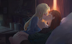 2girls akechi_(826988799) anna_(frozen) bedroom blonde_hair blush book bookshelf breasts cleavage closed_eyes computer cup curtains door elsa_(frozen) frozen_(disney) grabbing_another&#039;s_ass groping highres incest indoors kiss long_hair medium_breasts mug multiple_girls siblings signature sisters stuffed_animal stuffed_toy window yuri