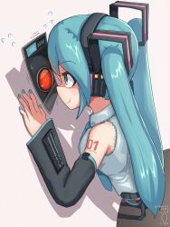 1girl 2001_a_space_odyssey aqua_eyes aqua_hair aqua_nails aqua_necktie black_sleeves closed_mouth collared_shirt commentary detached_sleeves digiral english_commentary foreshortening full_body grey_shirt hair_ornament hal_9000 hatsune_miku headphones highres long_hair long_sleeves looking_at_another nail_polish necktie number_tattoo shaded_face shirt shoulder_tattoo sleeveless sleeveless_shirt smile solo standing tattoo very_long_hair vocaloid
