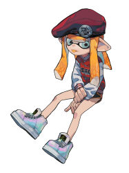 1girl absurdres blue_eyes colored_tongue commentary_request creamyghost full_body hat hat_ornament highres holographic_clothing holographic_footwear inkling inkling_girl inkling_player_character long_sleeves looking_at_viewer nintendo orange_hair orange_tongue pointy_ears red_hat shoes simple_background solo splatoon_(series) tentacle_hair white_background white_shoes