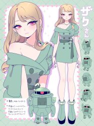 1girl arm_up arms_up artist_name asymmetrical_clothes asymmetrical_dress belt boots bracelet breasts brown_hair buttons character_name cleavage closed_mouth collared_dress commentary cosplay cropped_torso double-breasted dress earrings eyeshadow full_body green_boots green_dress green_eyeshadow green_nails green_scarf gundam heart highres hoop_earrings jewelry long_hair looking_at_viewer makeup mecha medium_breasts mobile_suit_gundam multiple_views necklace o-ring o-ring_belt off-shoulder_dress off_shoulder one-eyed pink_eyes red_eyes robot scarf scarf_belt shira_neri short_dress sidelocks single_earring single_off_shoulder single_sidelock smile standing translated zaku_ii zaku_ii_(cosplay)