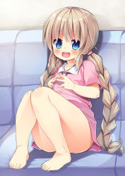 Rule 34 | 1girl, :d, asa no ha (awayuki), barefoot, blonde hair, blue eyes, blush, braid, chair, convenient leg, couch, feet on chair, female focus, hair over shoulder, highres, long hair, looking at viewer, open mouth, original, sitting, sketch, smile, solo, steepled fingers, twin braids
