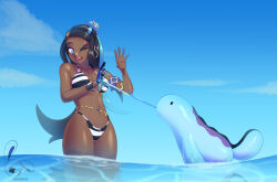 1girl 32rabbitteeth absurdres artist_name bare_arms bare_shoulders bikini black_bikini black_hair blue_eyes blue_skin bracelet breasts cleavage colored_skin dark-skinned_female dark_skin earrings gen_2_pokemon hair_bun highres hoop_earrings jewelry long_hair medium_breasts multicolored_bikini multicolored_hair nessa_(pokemon) nintendo one_eye_closed pokemon pokemon_(creature) pokemon_swsh quagsire single_hair_bun swimsuit tail water white_bikini