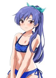 1girl absurdres bare_shoulders bikini blue_bikini blue_hair blush breasts brown_eyes cleavage closed_mouth collarbone flat_chest highres idolmaster idolmaster_(classic) idolmaster_million_live! idolmaster_million_live!_theater_days kisaragi_chihaya koubashiifuna long_hair looking_at_viewer navel shy side-tie_bikini_bottom simple_background solo swimsuit wavy_mouth white_background