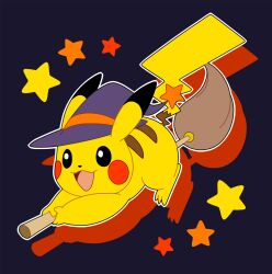 broom broom_riding full_body gen_1_pokemon halloween hat highres nintendo no_humans open_mouth outline pikachu pokemon pokemon_(creature) purple_background purple_hat simple_background solo star_(symbol) white_outline witch_hat yon_(4km_105)