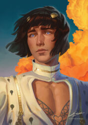 1boy black_hair blue_eyes blue_sky bob_cut bruno_bucciarati cleavage_cutout clothing_cutout cloud commentary english_commentary enzo_fernandez hair_ornament hairpin high_collar highres jojo_no_kimyou_na_bouken male_focus orange_clouds pectorals portrait shirt sky solo vento_aureo white_shirt zipper_pull_tab