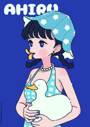 1girl animal bare_arms bare_shoulders bird black_hair blue_background blue_eyes blue_hat blue_nails braid collarbone commentary dated dress duck hat highres holding holding_animal jewelry low_twintails nail_polish necklace neki_(wakiko) original pearl_necklace plaid_clothes plaid_dress pringle_duck simple_background sleeveless sleeveless_dress solo tulip_hat twin_braids twintails twitter_username upper_body