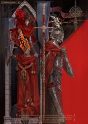1boy armor battle_standard cape colored_skin elden_ring elden_ring:_shadow_of_the_erdtree english_text fingernails fire fire_knight_(elden_ring) gauntlets goth_fashion grey_skin helmet highres kneeling knight long_hair messmer_the_impaler one_eye_closed outstretched_hand planted planted_sword planted_weapon red_cape red_hair sharp_fingernails siyemmm snake sword weapon winged_helmet