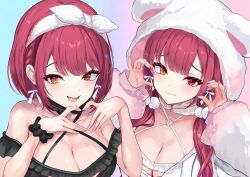 1girl animal_hood bear_hood black_dress blush bob_cut bow_hairband braid braided_bangs breasts center-flap_bangs claw_pose cleavage closed_mouth commentary_request criss-cross_halter dress dual_persona four-finger_heart_hands from_above hairband halter_dress halterneck harusame349 heart heart_hands heterochromia hololive hood hood_up hooded_jacket houshou_marine houshou_marine_(loungewear) jacket large_breasts long_hair looking_at_viewer nightgown official_alternate_color official_alternate_costume official_alternate_hairstyle open_mouth red_eyes red_hair red_ribbon ribbon scrunchie short_hair sleeveless sleeveless_dress smile upper_body virtual_youtuber white_dress white_hairband white_jacket wrist_scrunchie yellow_eyes