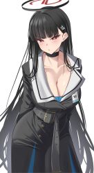 1girl absurdres alternate_costume black_hair blue_archive breasts bright_pupils cleavage hair_ornament hairclip halo highres large_breasts long_hair panvyru red_eyes rio_(blue_archive) solo very_long_hair white_pupils