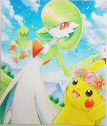 1girl :3 arms_up black_eyes blue_sky blush_stickers bob_cut closed_mouth cloud colored_skin day dutch_angle falling_petals female_focus flat_chest flower flower_wreath gardevoir gen_1_pokemon gen_3_pokemon get grass green_hair green_skin hair_over_one_eye hands_up happy holding holding_wreath looking_at_another mountainous_horizon multicolored_skin nintendo one_eye_covered open_mouth orange_flower outdoors petals pikachu pink_flower pink_rose pokemon pokemon_(creature) red_eyes red_flower rose short_hair sky smile standing traditional_media tree two-tone_skin white_flower white_skin yuka_(yukaaaaaaa0705)
