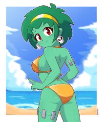 1girl ass beach bikini blush breasts cloud colored_skin earrings efextex from_behind gold_bikini golden_week golden_week_bikini green_hair green_skin hairband index_finger_raised jewelry large_breasts looking_at_viewer looking_back ocean red_eyes rottytops sand shantae_(series) short_hair skull skull_earrings sky smile standing stitches swimsuit water wayforward zombie