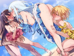 1boy 3girls aitsuki_nakuru ass beach bent_over bisexual_female blonde_hair blue_dress blue_eyes brown_hair clothed_female_nude_male clothed_sex detached_sleeves dress hetero highres interlocked_fingers kneeling la_priere love_train multiple_girls nanaichi natsume_itsuki_(voice_actor) nayuta_(voice_actor) nipples nude pink_dress pink_eyes pussy_juice saliva saliva_trail sand sandals second-party_source sex sex_from_behind standing standing_sex thigh_grab tongue tongue_out white_hair yellow_dress yellow_eyes