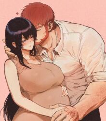 1boy 1girl adversarial_noise arm_hair beard black_hair blush breasts closed_eyes closed_mouth commentary_request couple degrees_of_lewdity doren_(degrees_of_lewdity) doren_(male)_(degrees_of_lewdity) dress dy0urre1n facial_hair grey_dress hair_between_eyes hand_on_own_stomach heart hetero holding_hands huge_breasts korean_commentary large_breasts long_hair one_eye_closed pink_background player_character_(degrees_of_lewdity) player_character_(female)_(degrees_of_lewdity) pregnant red_hair shirt simple_background very_long_hair white_shirt
