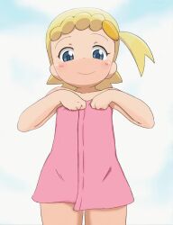 1girl :d animated artist_collaboration blonde_hair blue_eyes blush bonnie_(pokemon) bubukka censored cleft_of_venus dr._arevix flashing flat_chest grin groin loli looking_at_viewer mosaic_censoring naked_towel nintendo nipples nude open_mouth pokemon pokemon_(anime) pokemon_xy_(anime) pussy short_hair side_ponytail smile standing towel undressing video