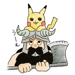 1boy artist_request axe beard black_eyes creatures_(company) crossover dungeon_meshi dwarf facial_hair game_freak gen_1_pokemon helmet highres holding horns male_focus nintendo on_head pikachu pokemon pokemon_(creature) senshi_(dungeon_meshi) simple_background smile white_background
