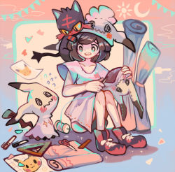 :d animal animal_on_head black_hair cat cat_on_head collarbone commentary creature creatures_(company) english_commentary eye_contact fabric flat_chest frown game_freak gen_1_pokemon gen_7_pokemon happy hat litten looking_at_another mimikyu momoppi nintendo on_head open_mouth paper pikachu pokemon pokemon_(creature) pokemon_on_head pokemon_sm scissors selene_(pokemon) shirt shoelaces shoes short_hair sitting smile yellow_eyes
