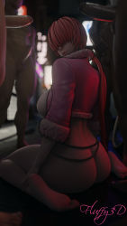 1girl 3d 6+boys absurdres ass backboob breasts dark-skinned_male dark_skin erection fluffy3d hair_between_eyes highres interracial large_breasts large_penis long_hair looking_at_viewer looking_back multiple_boys muscular muscular_male nipples penis penis_grab ponytail shermie_(kof) testicles the_king_of_fighters