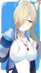 1girl animal_ear_fluff animal_ears blonde_hair blue_archive blue_eyes blue_halo bottle breasts closed_mouth competition_swimsuit dog_ears hair_over_one_eye halo highres kanna_(blue_archive) kanna_(swimsuit)_(blue_archive) large_breasts long_hair official_alternate_costume one-piece_swimsuit solo sukasusu_51te sweatdrop swimsuit water_bottle whistle whistle_around_neck white_one-piece_swimsuit