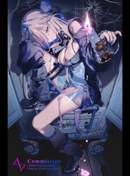 1girl breasts candle candlestand commission highres large_breasts marimo_ke original silk sitting skeb_commission sleeves_past_fingers sleeves_past_wrists spider_web thigh_strap