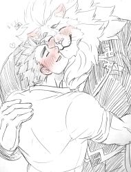 2boys animal_ears black_suit blush character_name closed_eyes closed_mouth commentary_request facing_another formal_clothes furry furry_male hatching_(texture) heart hug irurahiko kiss linear_hatching lion_boy lion_ears lion_mane male_focus multiple_boys open_mouth protagonist_3_(housamo) shirt signature smile snow_(housamo) suit tokyo_houkago_summoners traditional_media whiskers white_background white_shirt yaoi