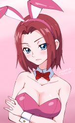 1girl 2025 absurdres animal_ears blue_eyes blush bow bowtie breasts cleavage code_geass dated detached_collar fake_animal_ears film_grain highres kouzuki_kallen large_breasts leotard playboy_bunny rabbit_ears red_hair signature solo tsunemoku wrist_cuffs