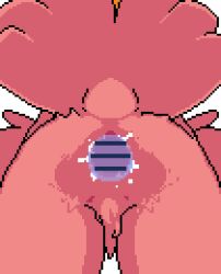 1boy 1girl akai_(ugokashitari) animated animated_gif ass bar_censor blonde_hair censored cloaca commentary_request cum cum_in_cloaca cum_overflow from_behind harpy harpy_(akai) hetero monster_girl original partial_commentary pixel_art sex simple_background white_background