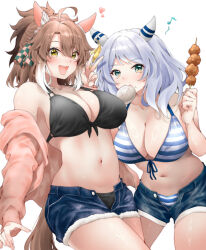 2girls :d animal_ears bikini black_bikini blue_shorts breasts brown_hair commentary_request dantsu_flame_(umamusume) ear_covers food highres hishi_miracle_(umamusume) holding holding_food horse_ears horse_girl horse_tail large_breasts looking_at_viewer medium_hair mouth_hold multicolored_hair multiple_girls navel open_mouth red_hayao shorts smile striped_bikini striped_clothes swimsuit tail two-tone_hair umamusume white_hair