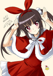 1girl 2022 artist_self-insert black_hair black_ribbon blunt_bangs blush breasts christmas dated dress fur_trim hair_ribbon highres kanna_(plum) long_hair looking_at_viewer numbered painttool_sai_(medium) pink_eyes ribbon senki_zesshou_symphogear shiny_skin signature simple_background small_breasts smile solo tsukuyomi_shirabe twintails white_ribbon