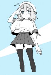 1girl arm_at_side arm_up blue_background blue_eyes breasts champchidi closed_mouth commentary crop_top crop_top_overhang cropped_legs dot_nose english_commentary english_text feet_out_of_frame gluteal_fold hair_between_eyes hat highres huge_breasts light_blush light_smile long_hair looking_ahead michinoku_komaro microskirt motion_lines navel no_bra oppai_loli pleated_skirt sailor_collar salute school_uniform seitokai_ni_mo_ana_wa_aru! serafuku shirt short_sleeves simple_background skindentation skirt solo split_mouth spot_color standing straight_hair thighhighs two-tone_background underboob very_long_hair white_background white_hat white_shirt zettai_ryouiki