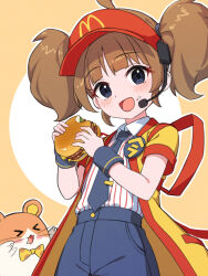 1girl ahoge back_bow badge black_eyes black_necktie black_shorts blue_eyes bow brown_hair burger button_badge employee_uniform fast_food_uniform food food_on_face happi hat headset highres holding holding_burger holding_food imadake_dabuchi_tabemi japanese_clothes kapa_draws looking_at_viewer mcdonald&#039;s microphone necktie open_mouth red_hat shirt shirt_tucked_in short_hair short_sleeves shorts solo striped_clothes striped_shirt tasuki tie_clip twintails vertical-striped_clothes vertical-striped_shirt visor_cap white_shirt wristband yellow_happi