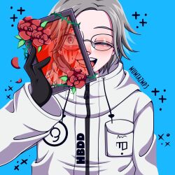 1boy aotsuki_eito black_gloves blood blood_on_face blood_splatter flower glasses gloves grey_hair highres jacket long_sleeves looking_at_viewer male_focus one_eye_closed open_mouth parted_hair rose solo solo_focus teeth the_hundred_line_-last_defense_academy- tongue upper_body upper_teeth_only white_jacket zipper zipper_pull_tab