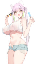 1girl absurdres bare_arms black-framed_eyewear black_choker blush breasts choker cloba commentary covered_erect_nipples crop_top crop_top_overhang exposed_pocket food grey_shorts highres holding holding_food holding_popsicle holding_removed_eyewear large_breasts long_hair looking_at_viewer micro_shorts navel open_clothes open_fly open_mouth open_shorts original popsicle purple_hair shorts simple_background smile solo stomach tank_top thighs tinted_eyewear twintails underboob unworn_eyewear white_background white_tank_top yellow-tinted_eyewear yellow_eyes